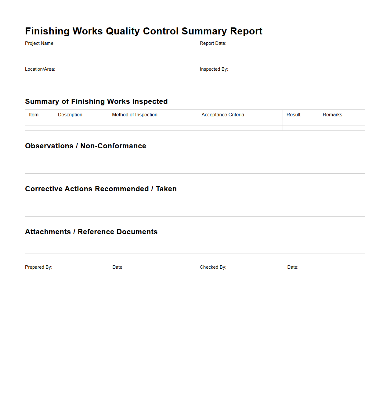 Finishing Works Quality Control Summary Report