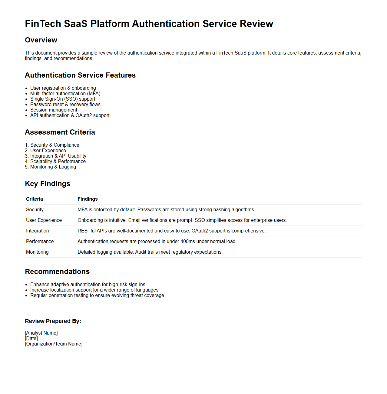 FinTech SaaS Platform Authentication Service Review