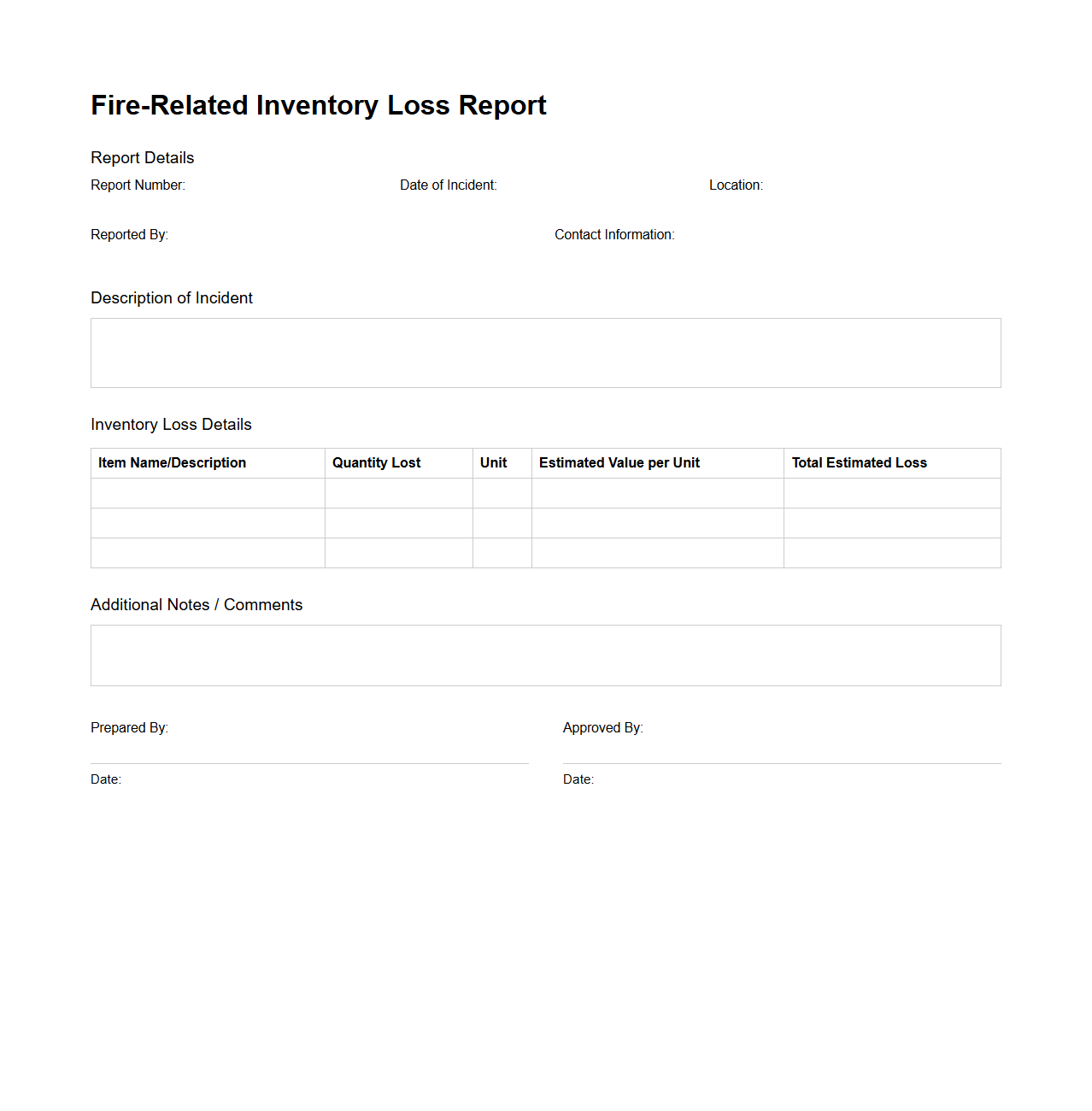 Fire-Related Inventory Loss Report Sample