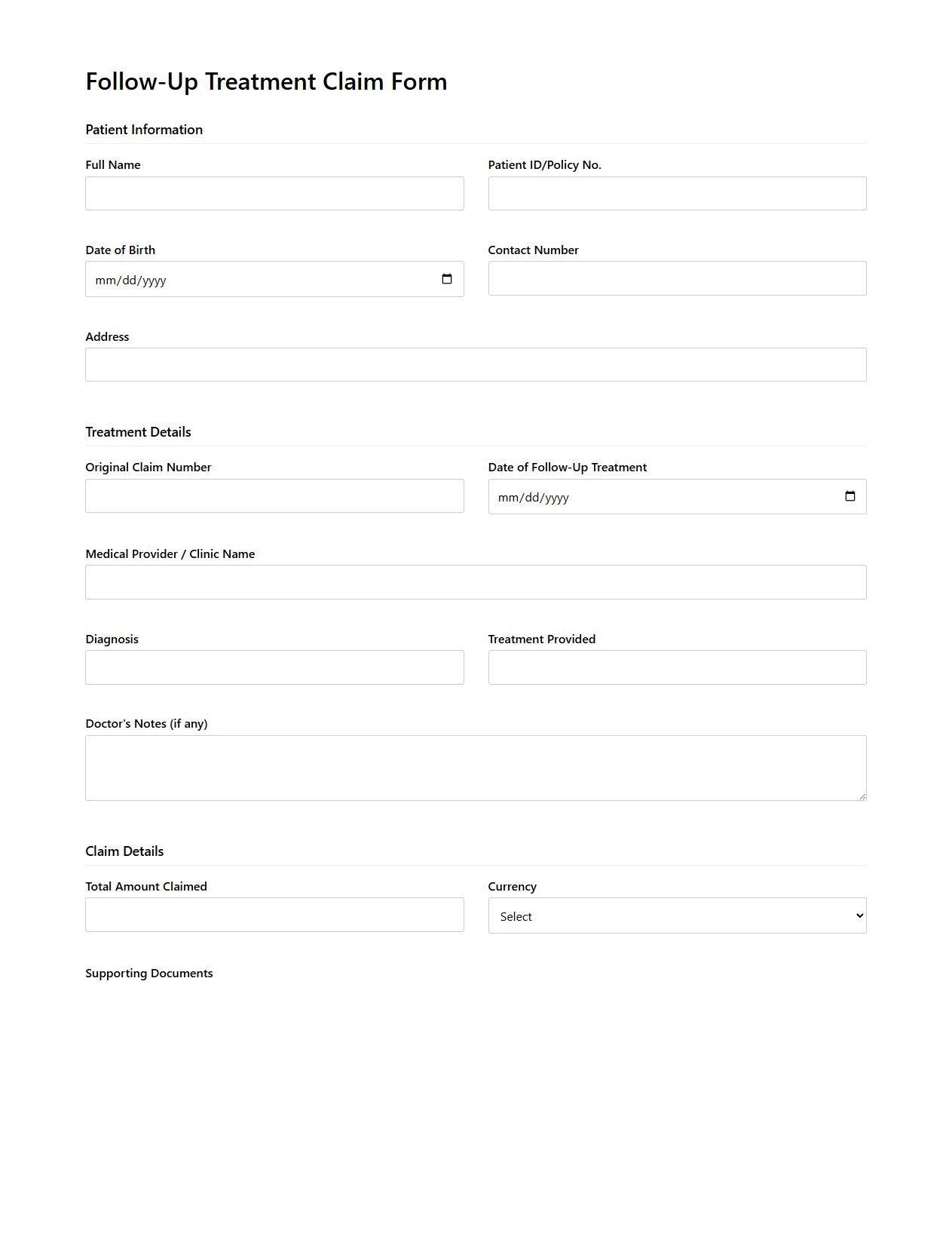 Follow-Up Treatment Claim Form Example