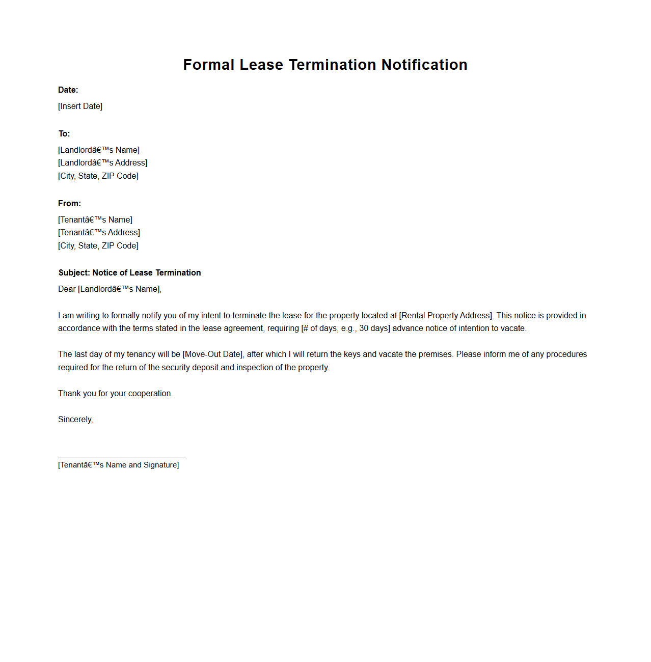 Formal Lease Termination Notification Sample