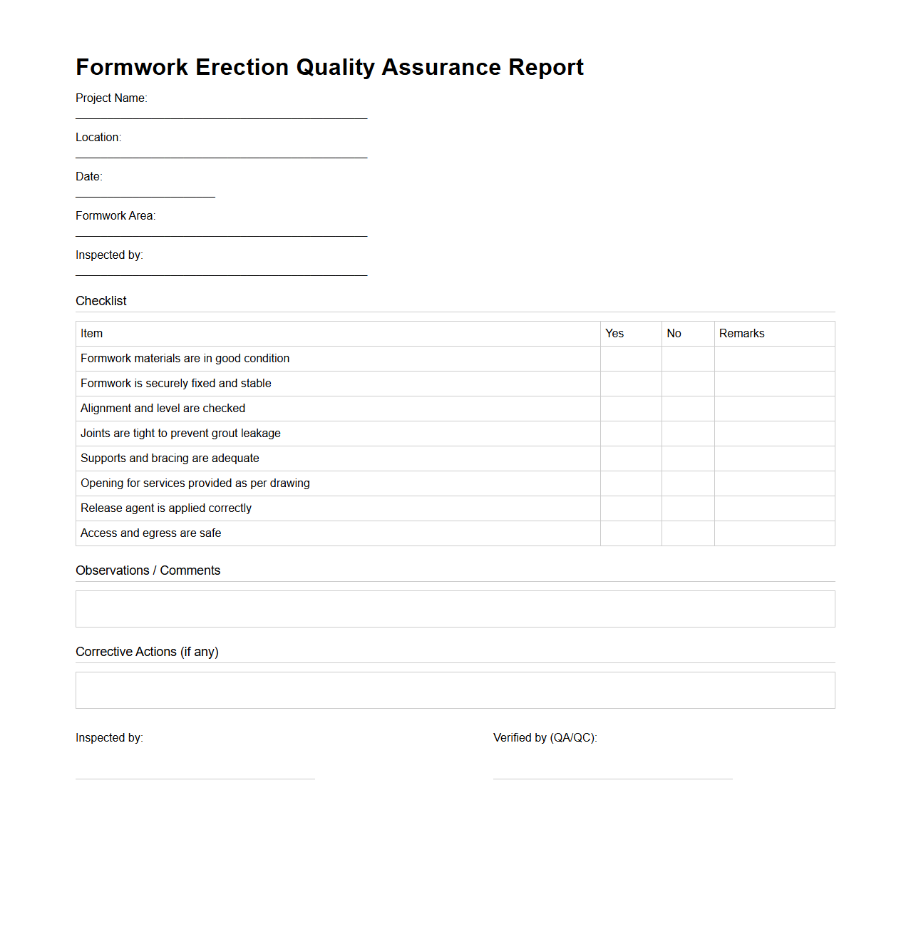 Formwork Erection Quality Assurance Report Sample