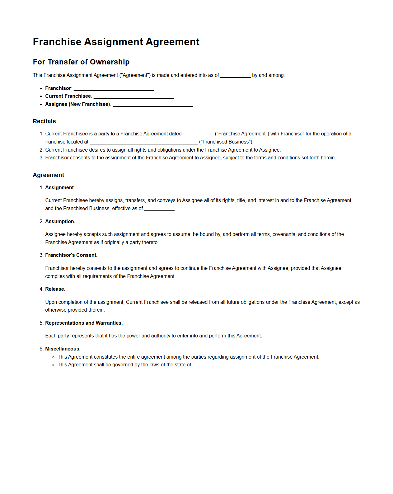Franchise Assignment Agreement Sample for Transfer of Ownership