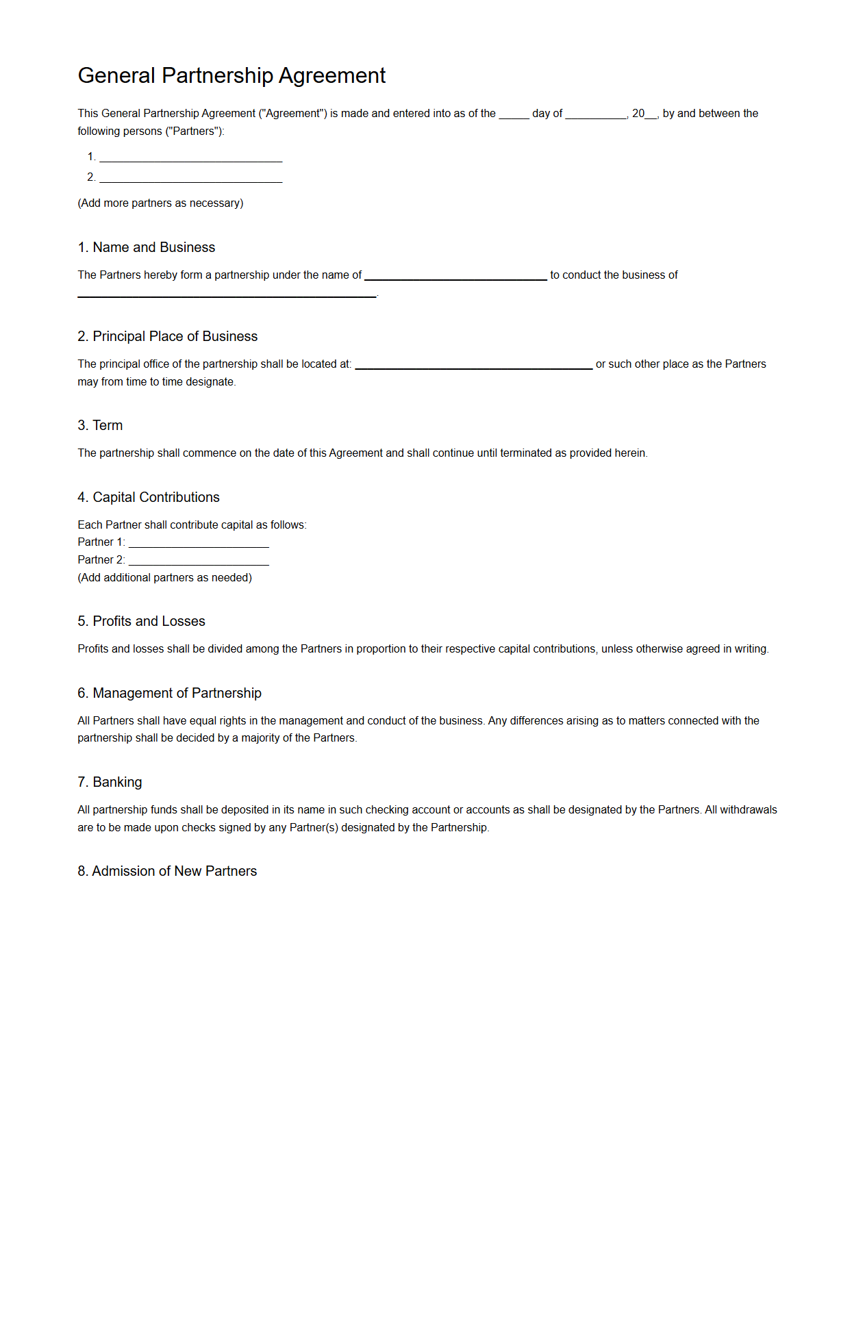 General Partnership Agreement Sample for Business Formation