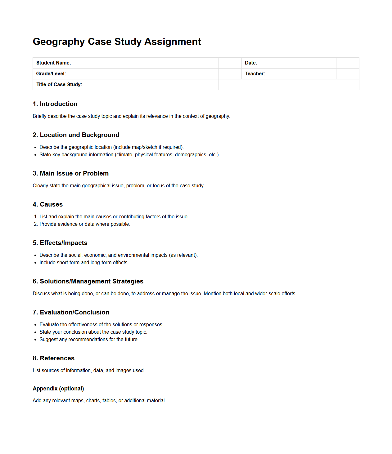 Geography Case Study Assignment Format for Secondary Level