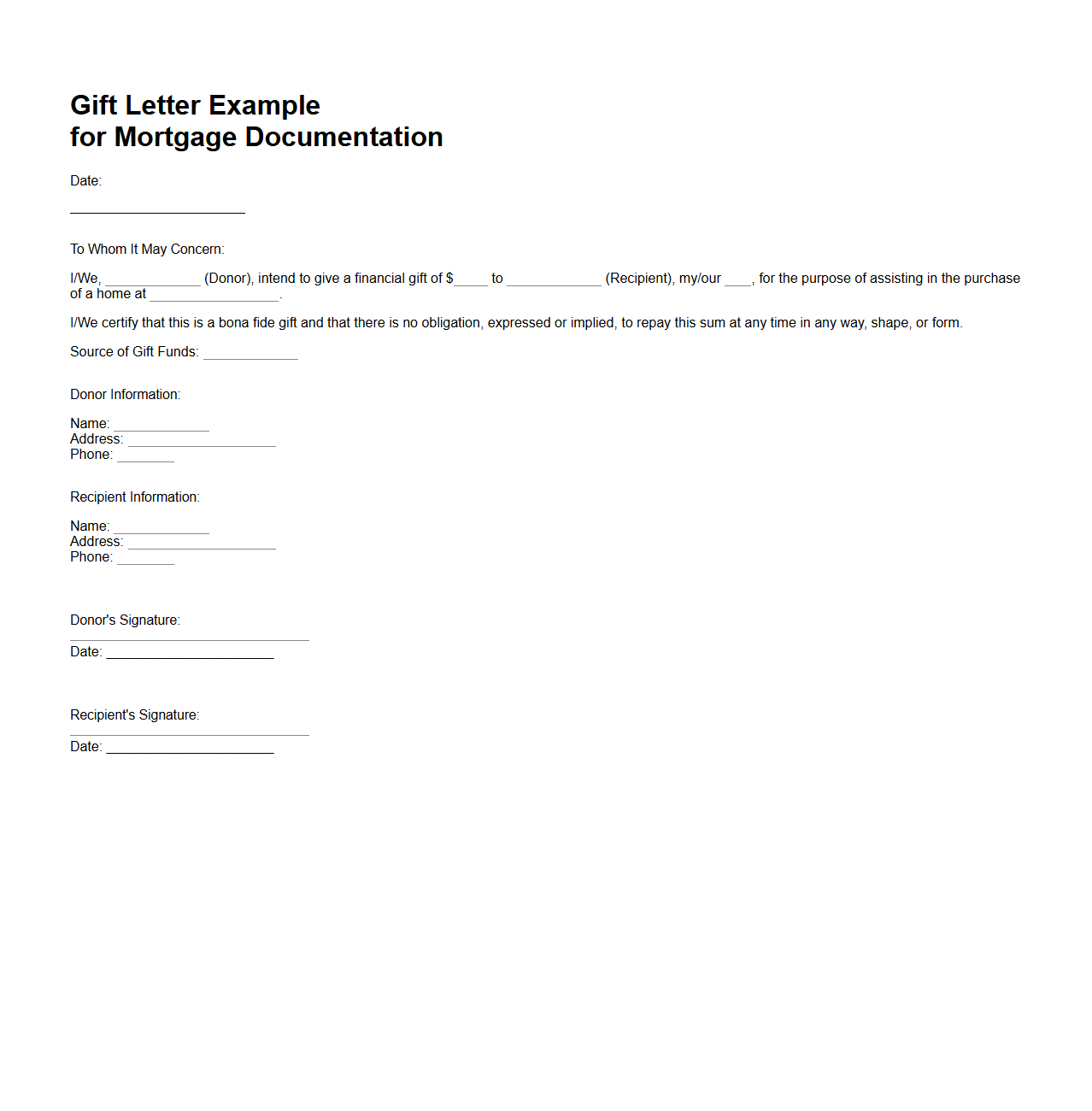 Gift Letter Example for Mortgage Documentation