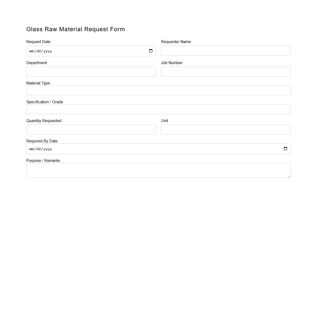 Glass Raw Material Request Form