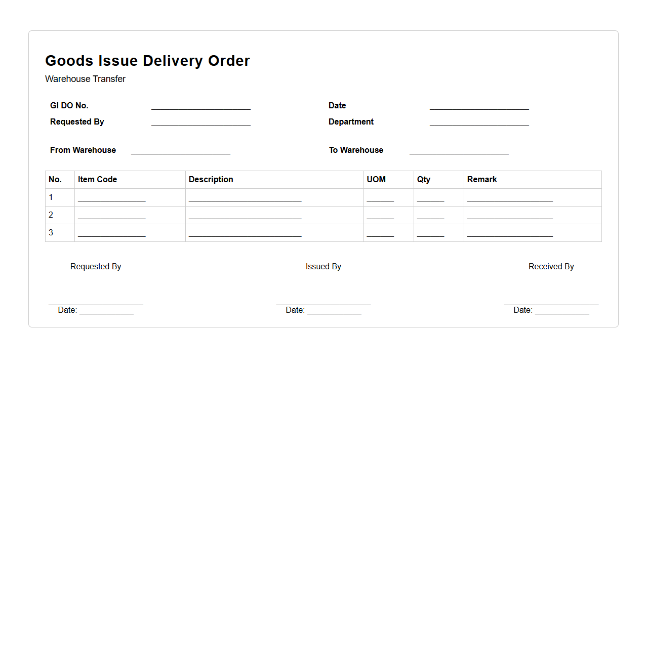 Goods Issue Delivery Order for Warehouse Transfer