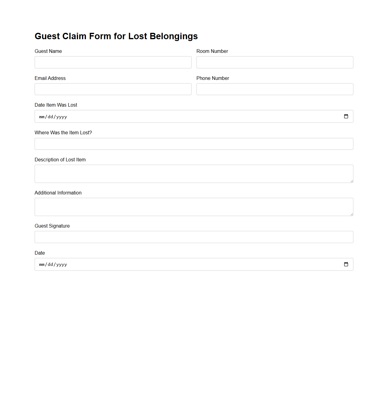 Guest Claim Form for Lost Belongings