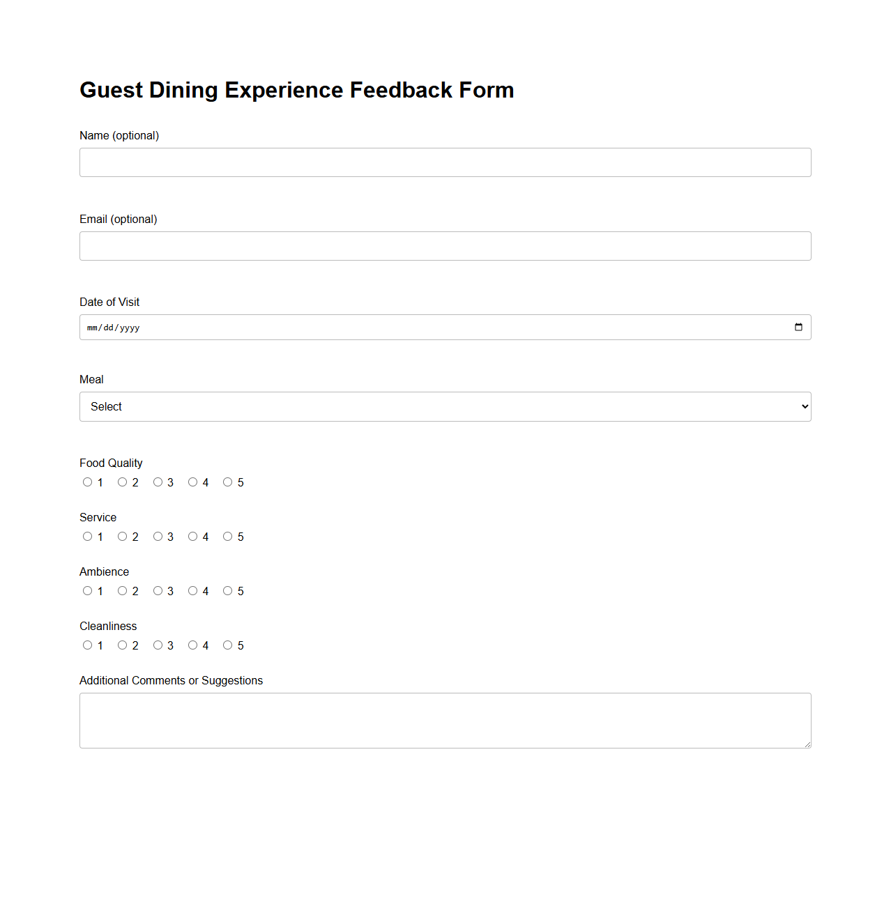 Guest Dining Experience Feedback Form Sample