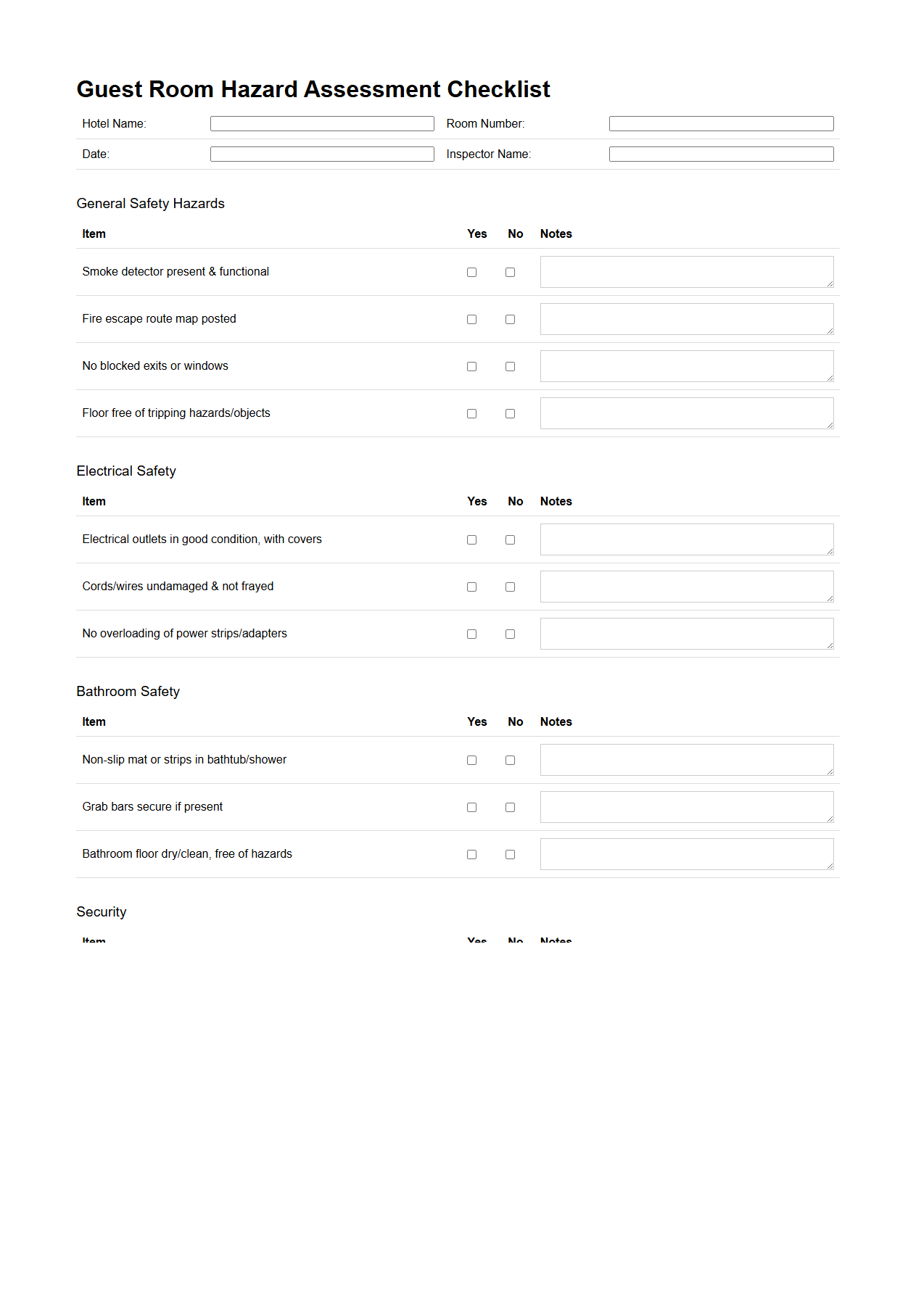 Guest Room Hazard Assessment Checklist for Hotels
