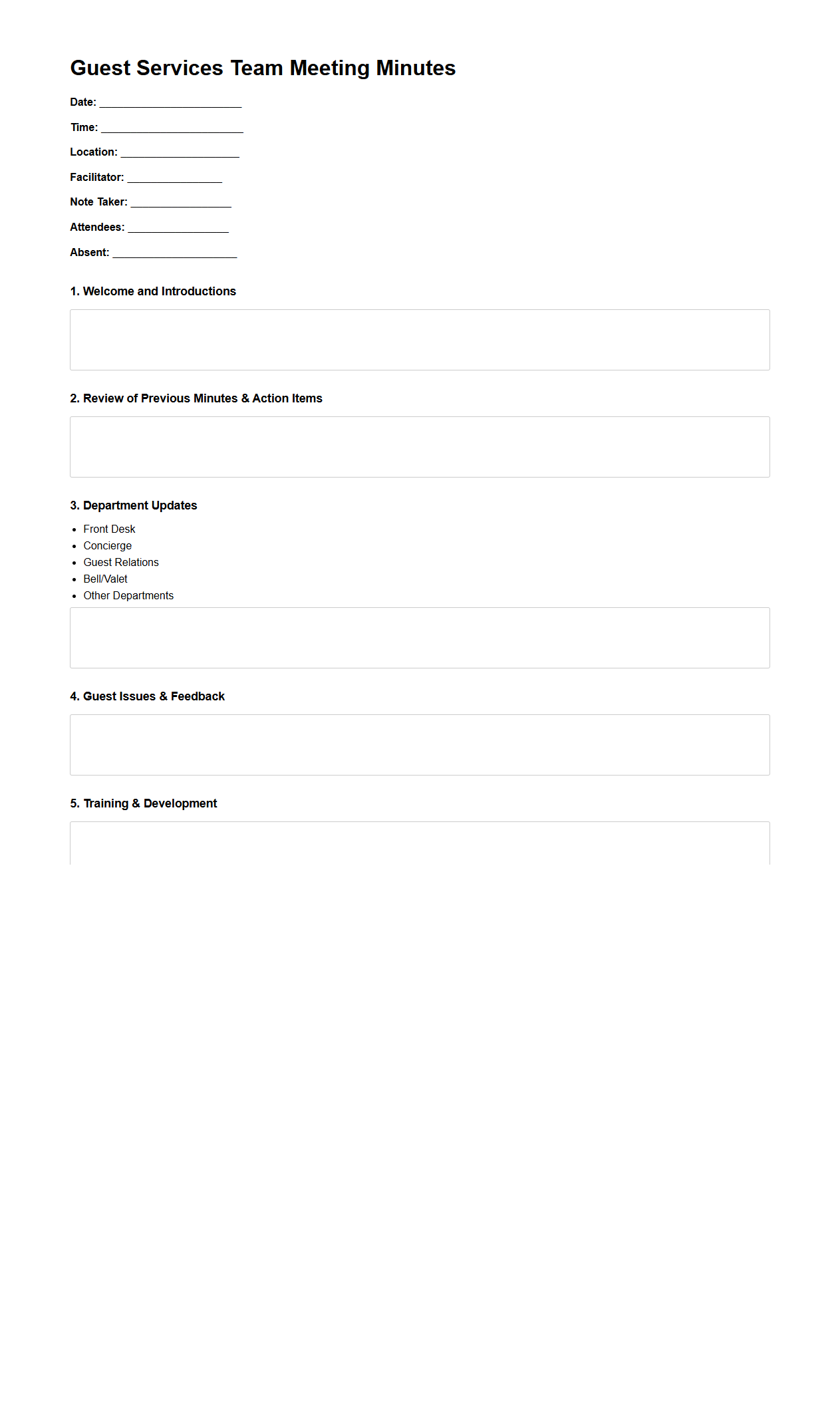 Guest Services Team Meeting Minutes Outline for Hotels