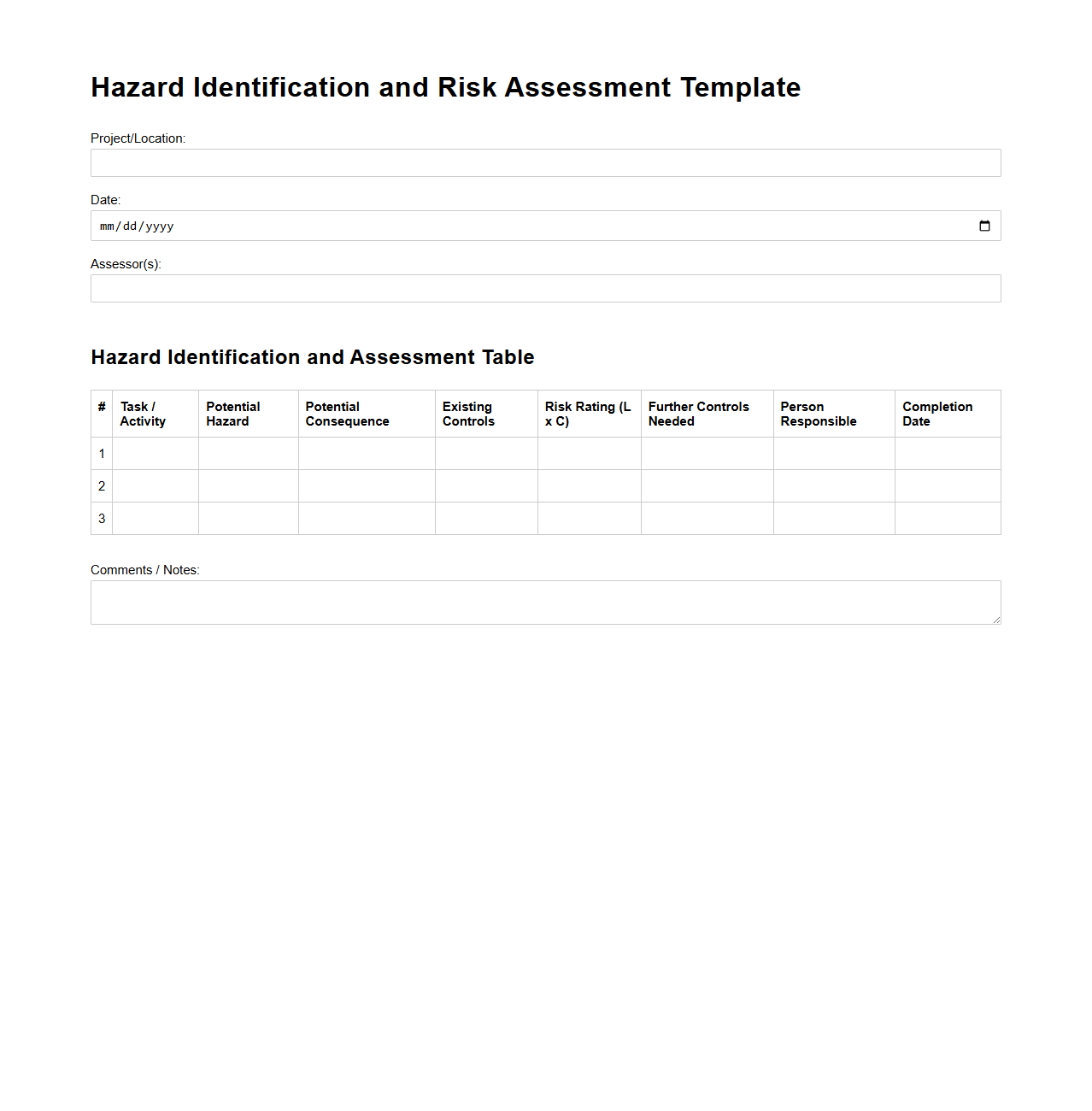Hazard Identification and Risk Assessment Template