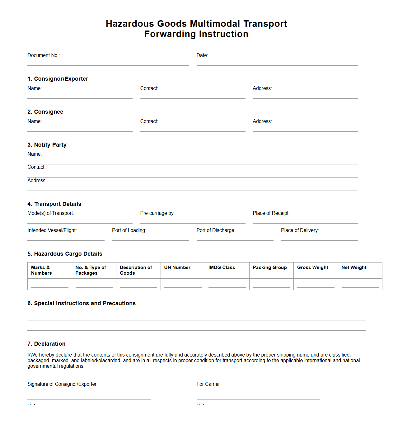Hazardous Goods Multimodal Transport Forwarding Instruction Document