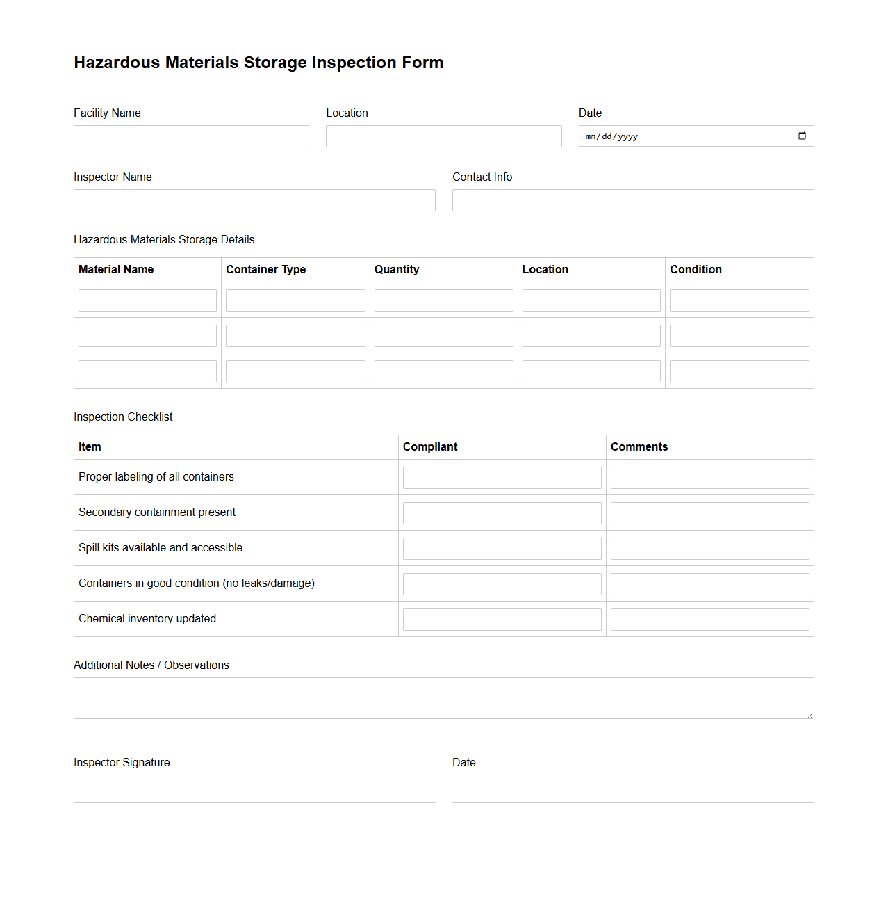 Hazardous Materials Storage Inspection Form