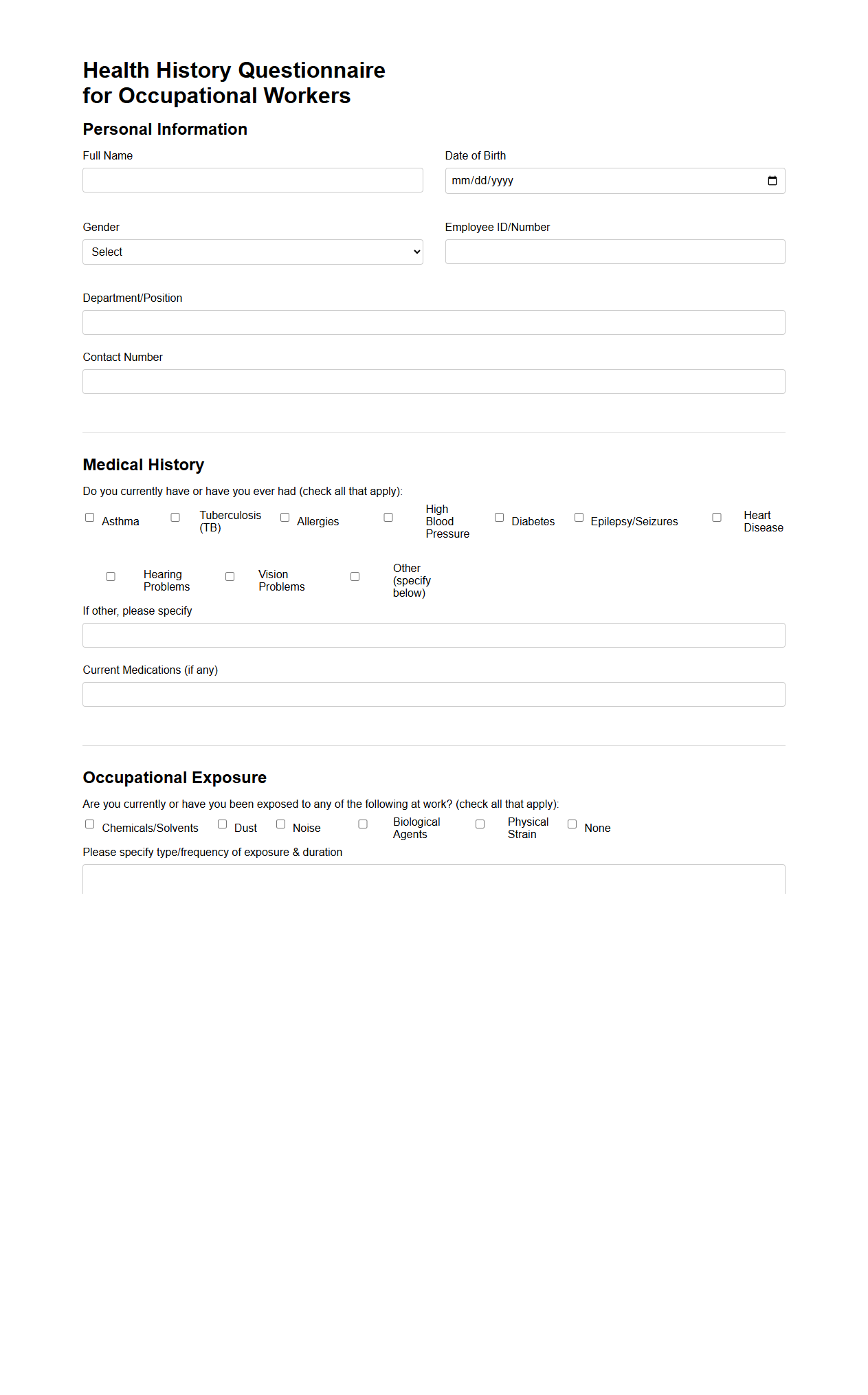Health History Questionnaire for Occupational Workers