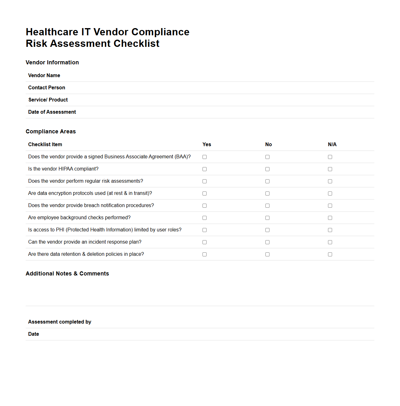 Healthcare IT Vendor Compliance Risk Assessment Checklist