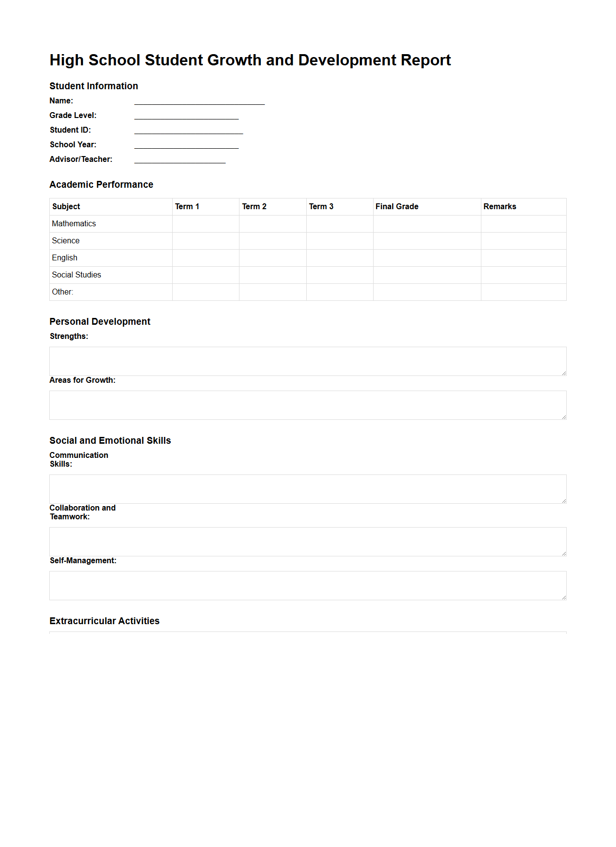 High School Student Growth and Development Report Format