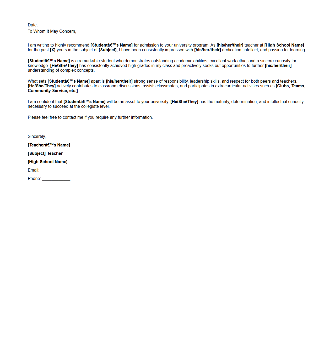 High School Teacher Recommendation for University