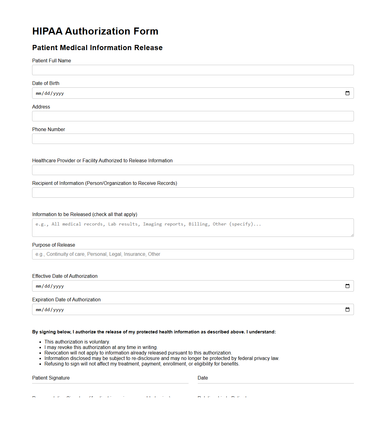 HIPAA Authorization Form for Patient Medical Information Release