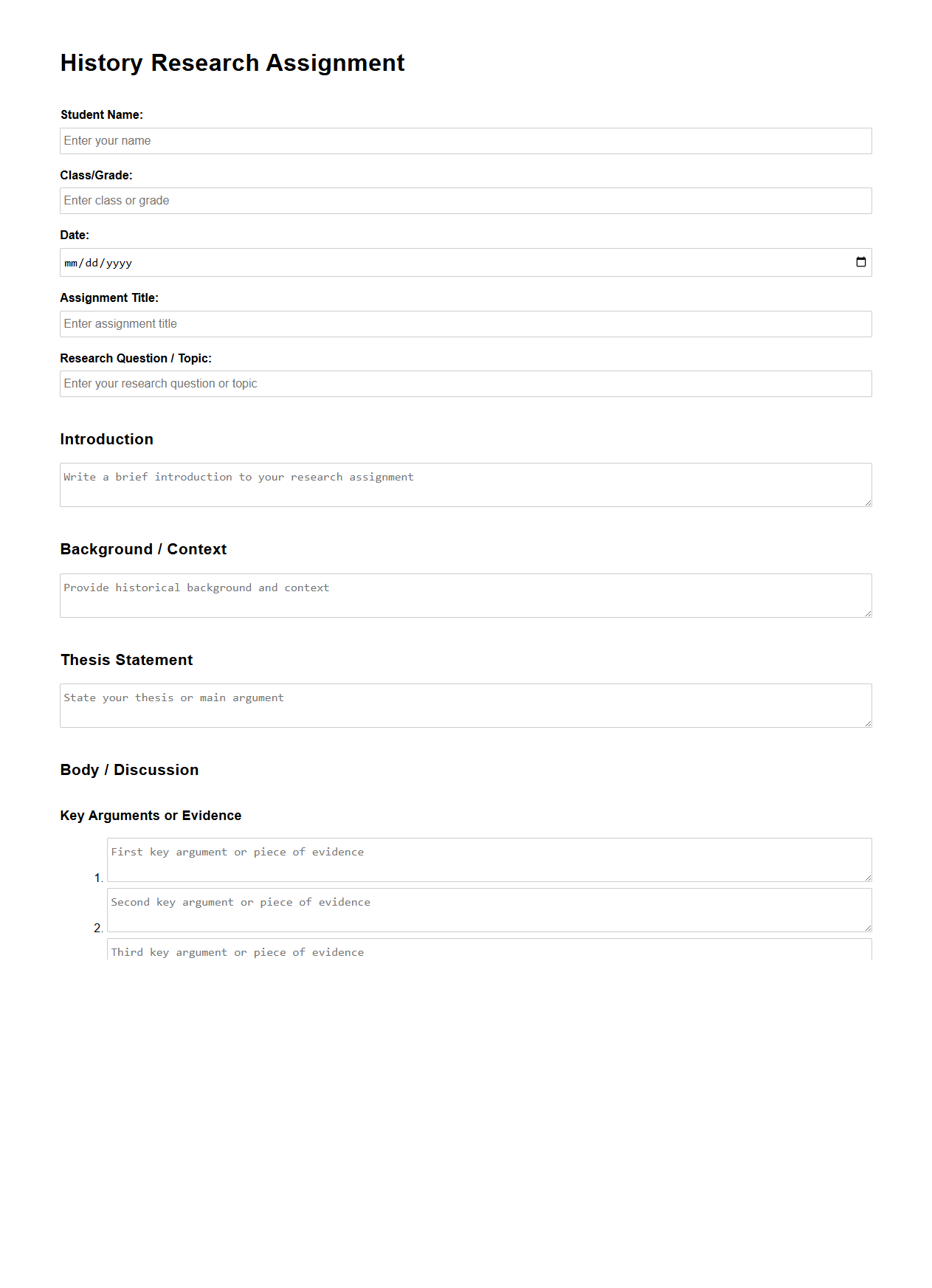 History Research Assignment Document for Students
