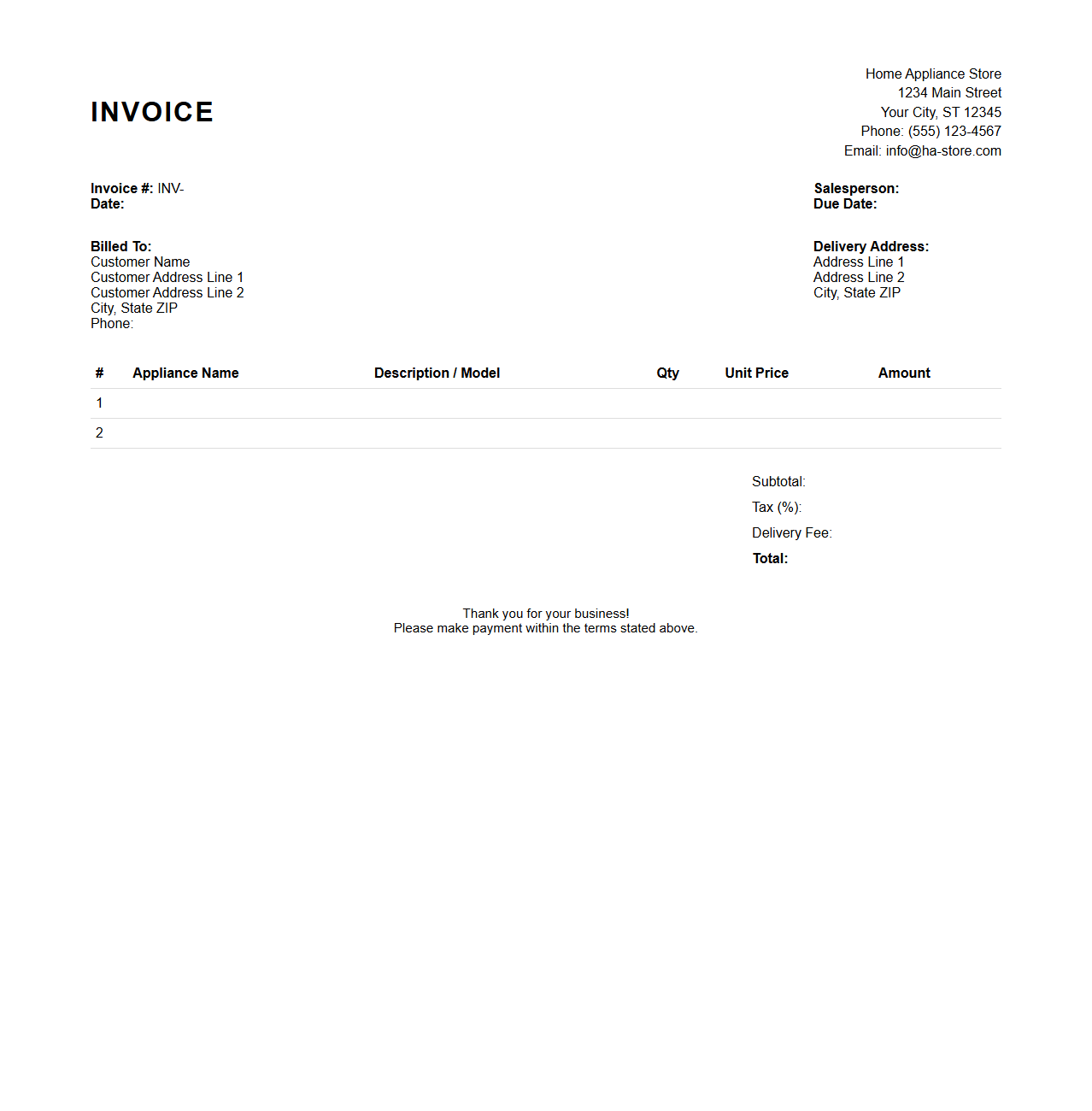 Home Appliance Retail Invoice Template