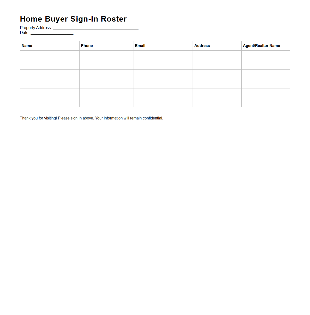 Home Buyer Sign-In Roster for Realtors