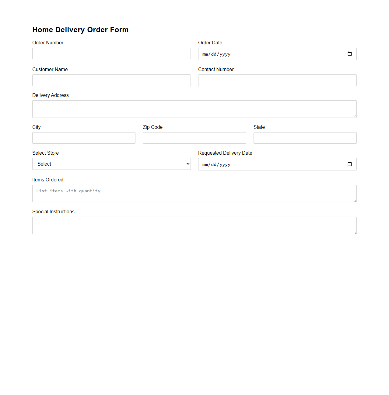 Home Delivery Order Form for Retail Chain Shipments