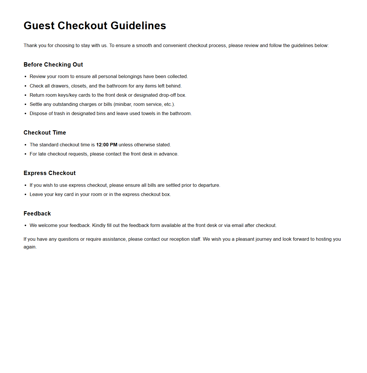 Hospitality Guest Checkout Guidelines Document