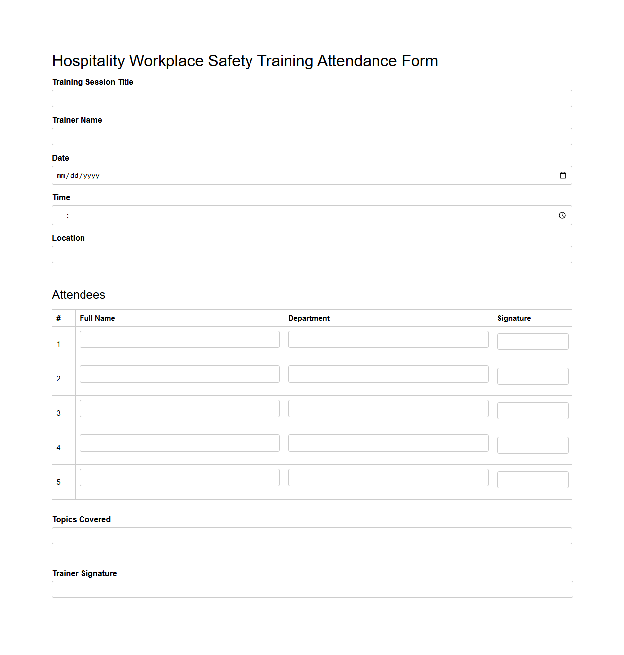 Hospitality Workplace Safety Training Attendance Form
