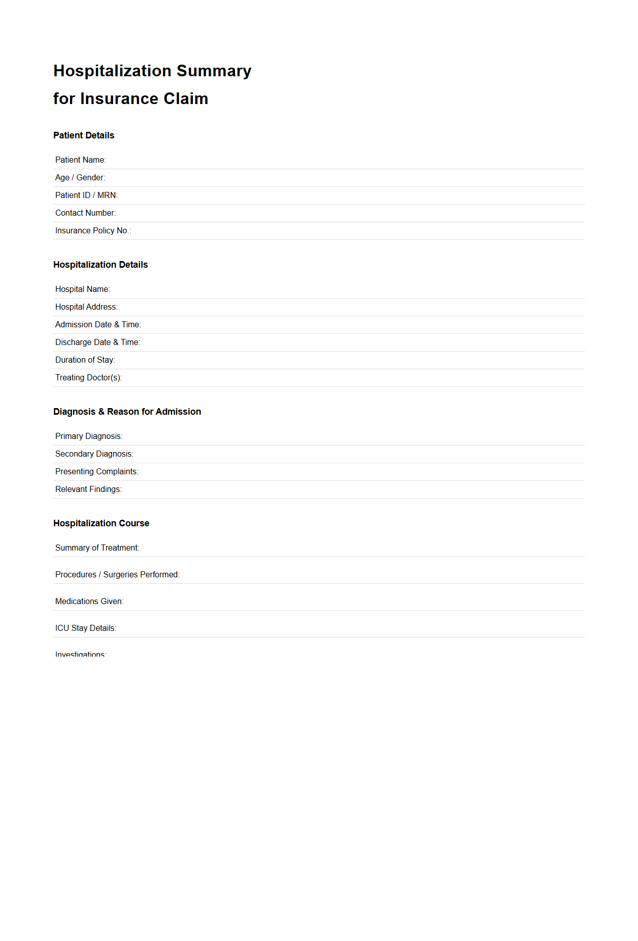 Hospitalization Summary for Insurance Claim