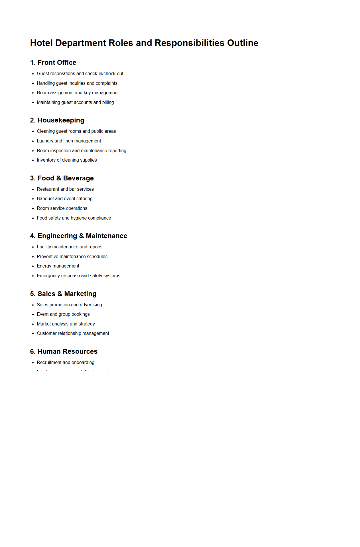 Hotel Department Roles and Responsibilities Outline