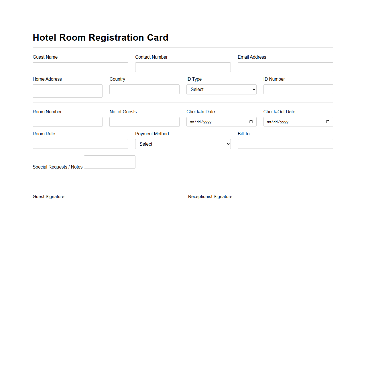 Hotel Room Registration Card Sample
