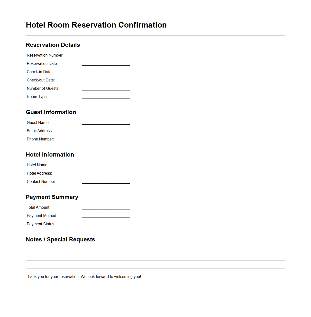 Hotel Room Reservation Confirmation Template