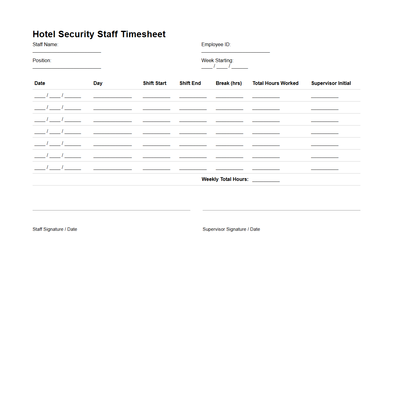 Hotel Security Staff Timesheet Template