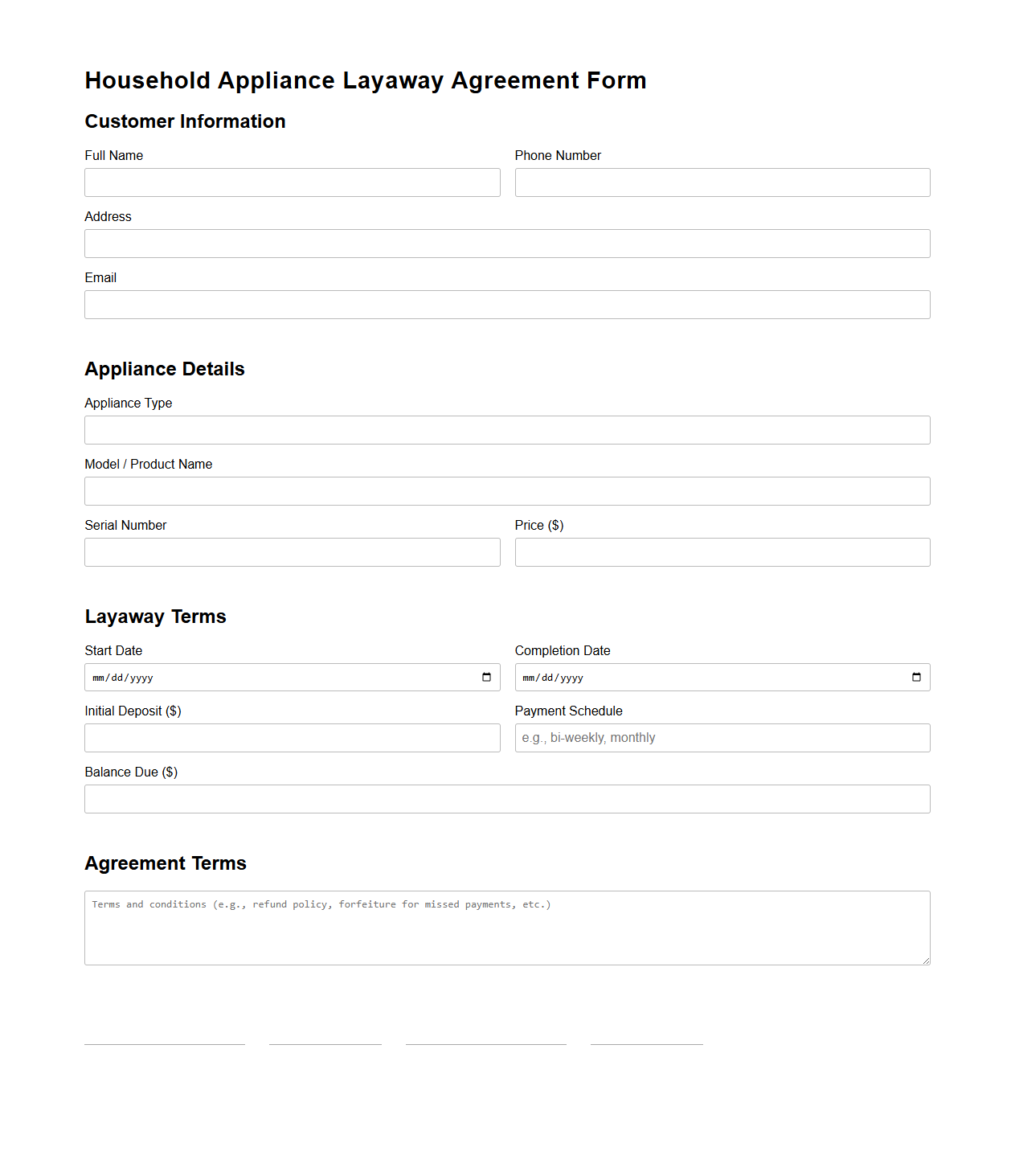 Household Appliance Layaway Agreement Form