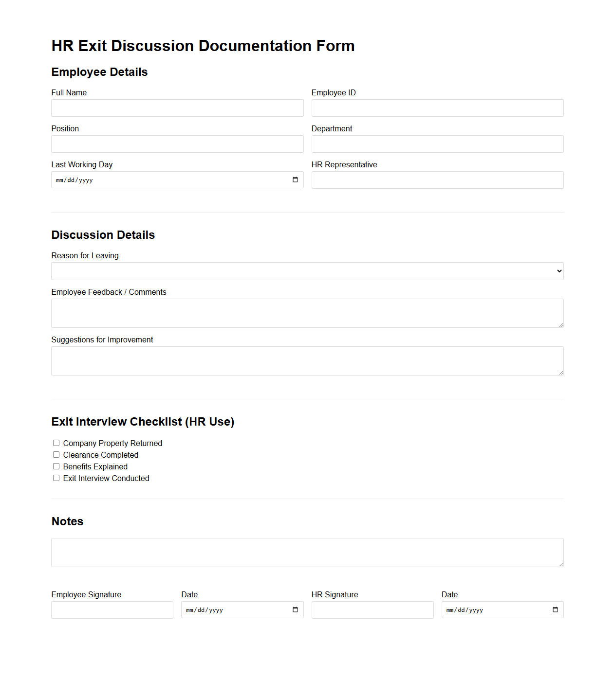 HR Exit Discussion Documentation Form