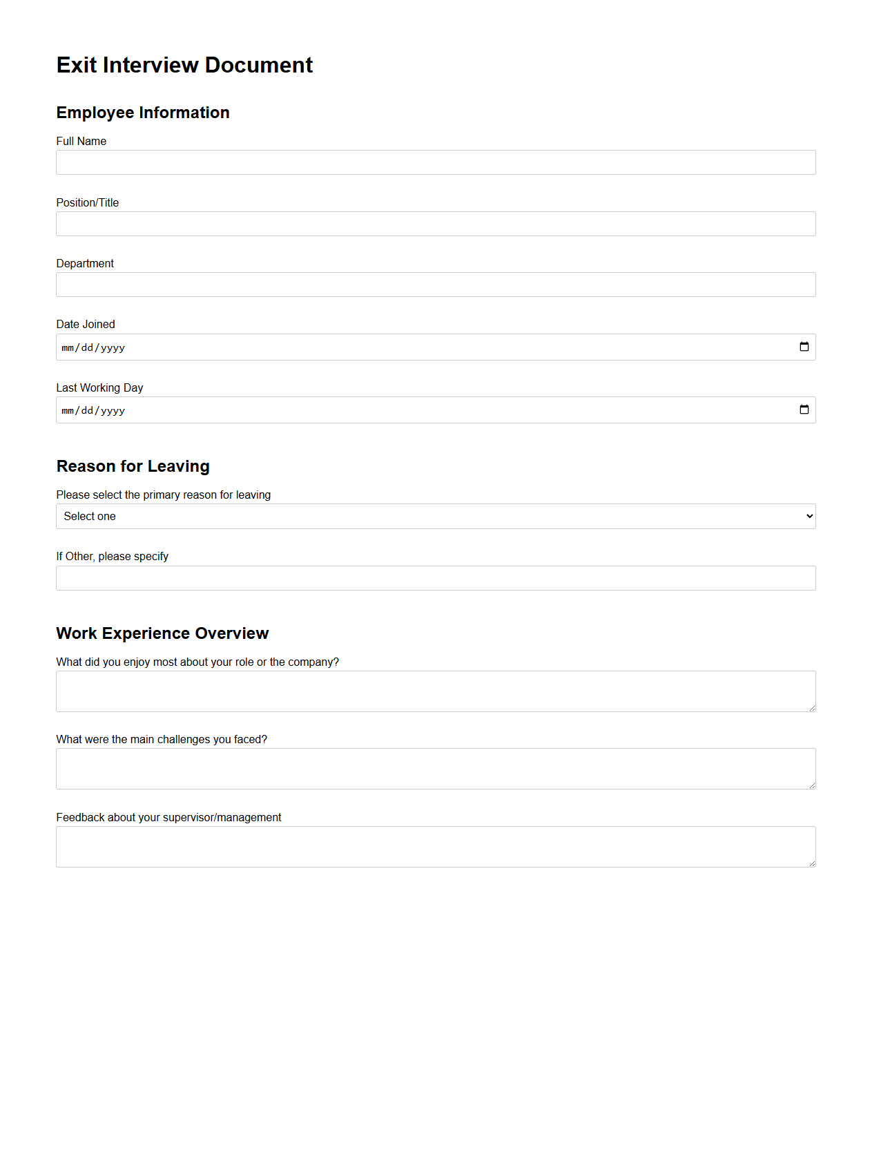 Human Resources Exit Interview Document for Separation