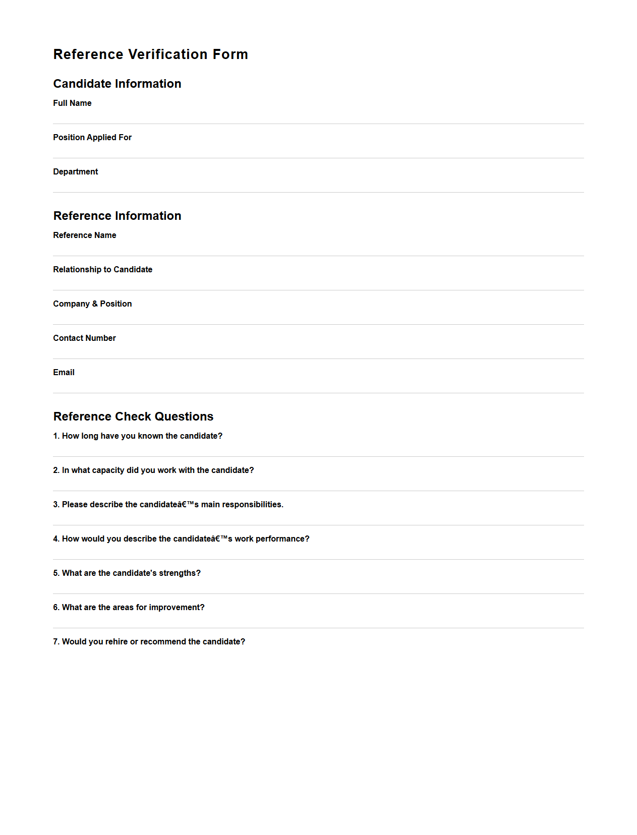 Human Resources Reference Verification Sample