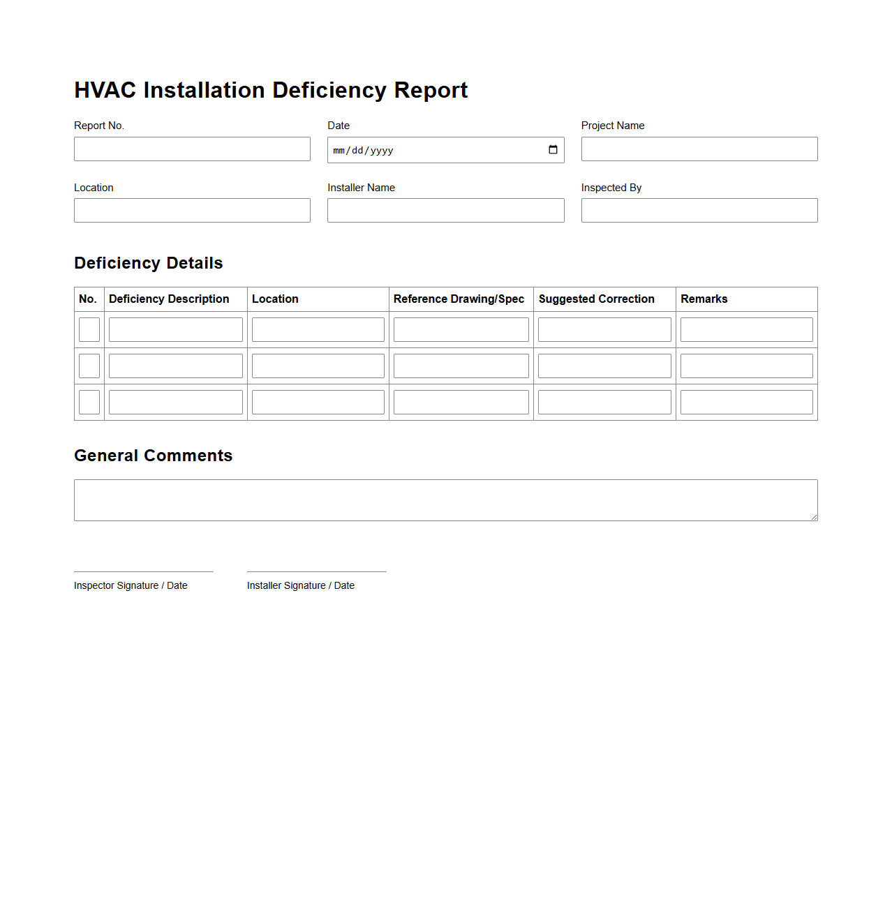 HVAC Installation Deficiency Report Format
