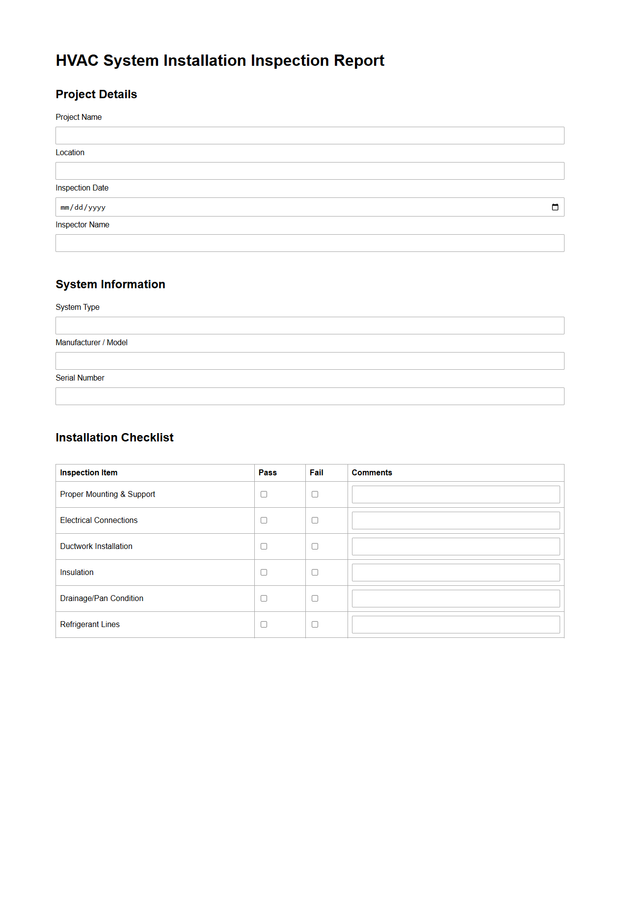 HVAC System Installation Inspection Report