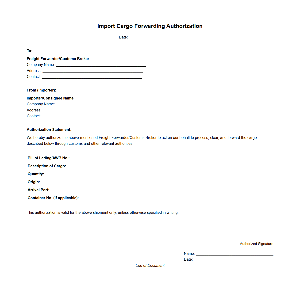 Import Cargo Forwarding Authorization Sample