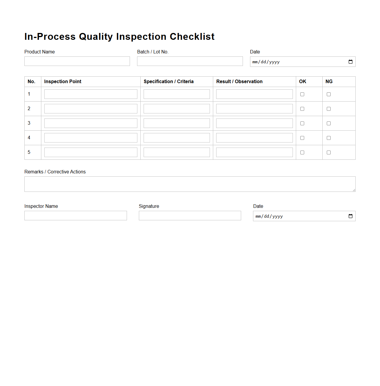 In-Process Quality Inspection Checklist