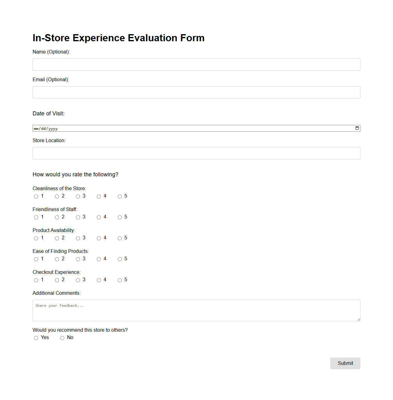 In-Store Experience Evaluation Form for Retail Shoppers