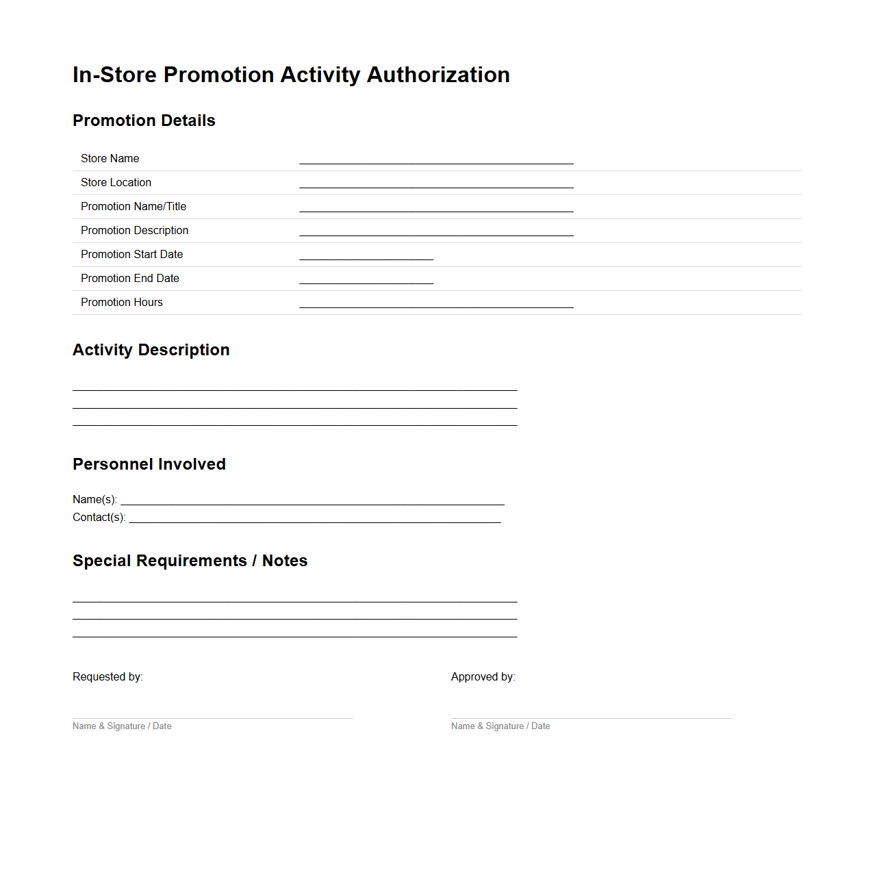 In-Store Promotion Activity Authorization Template