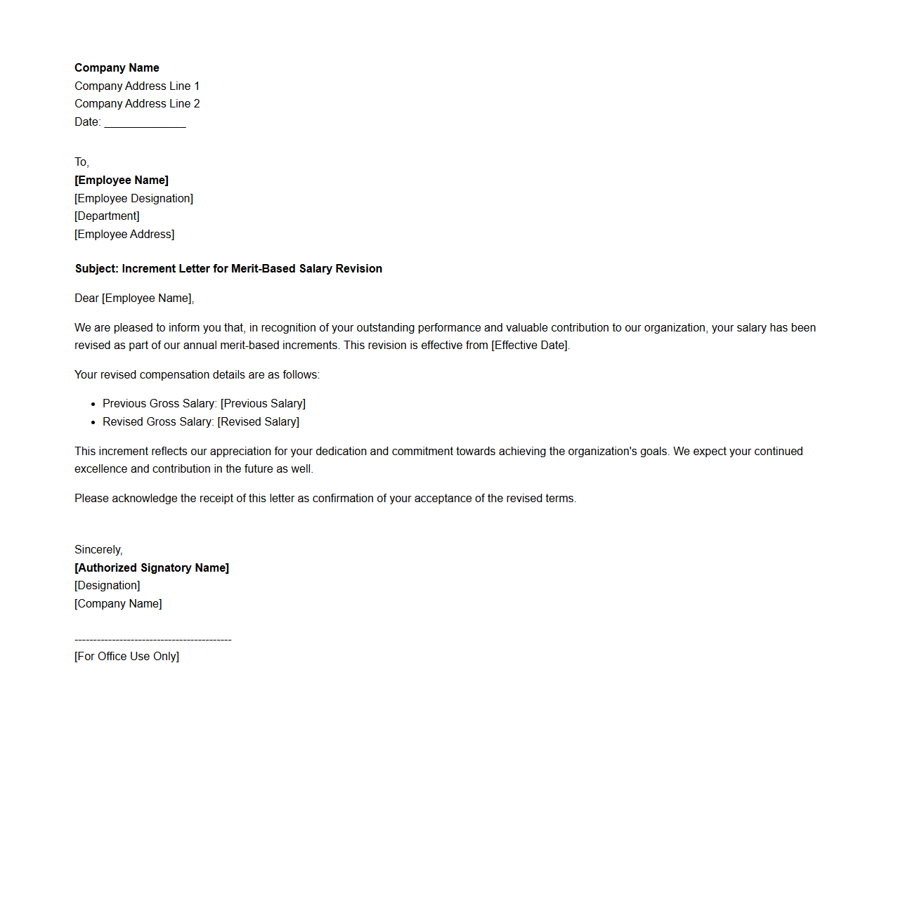 Increment Letter Format for Merit-Based Salary Revision