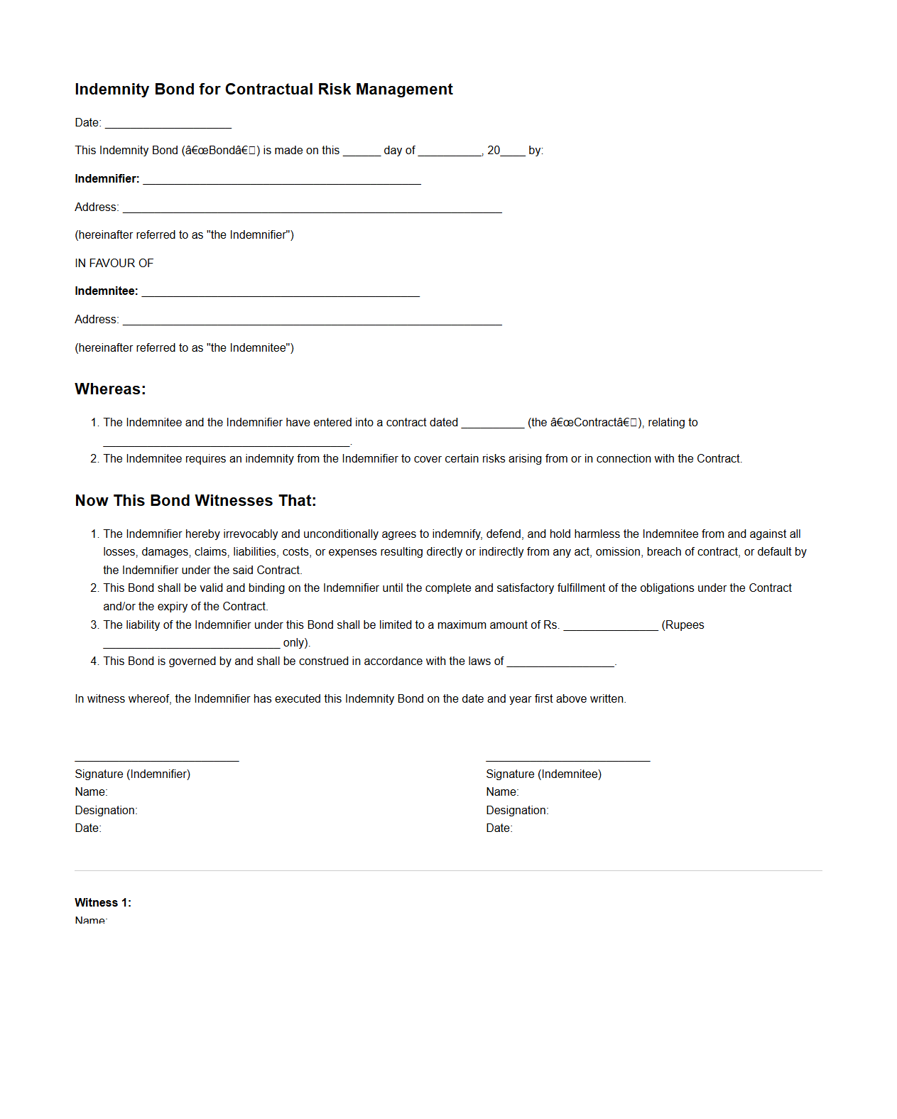 Indemnity Bond for Contractual Risk Management