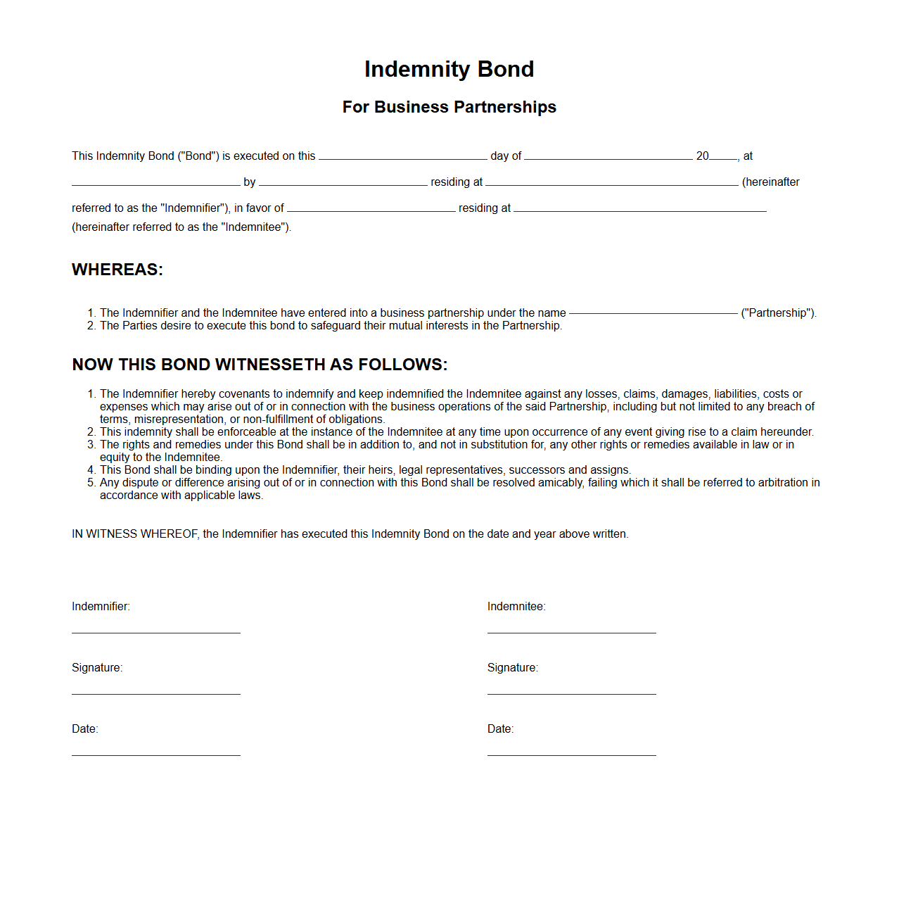Indemnity Bond Model for Business Partnerships