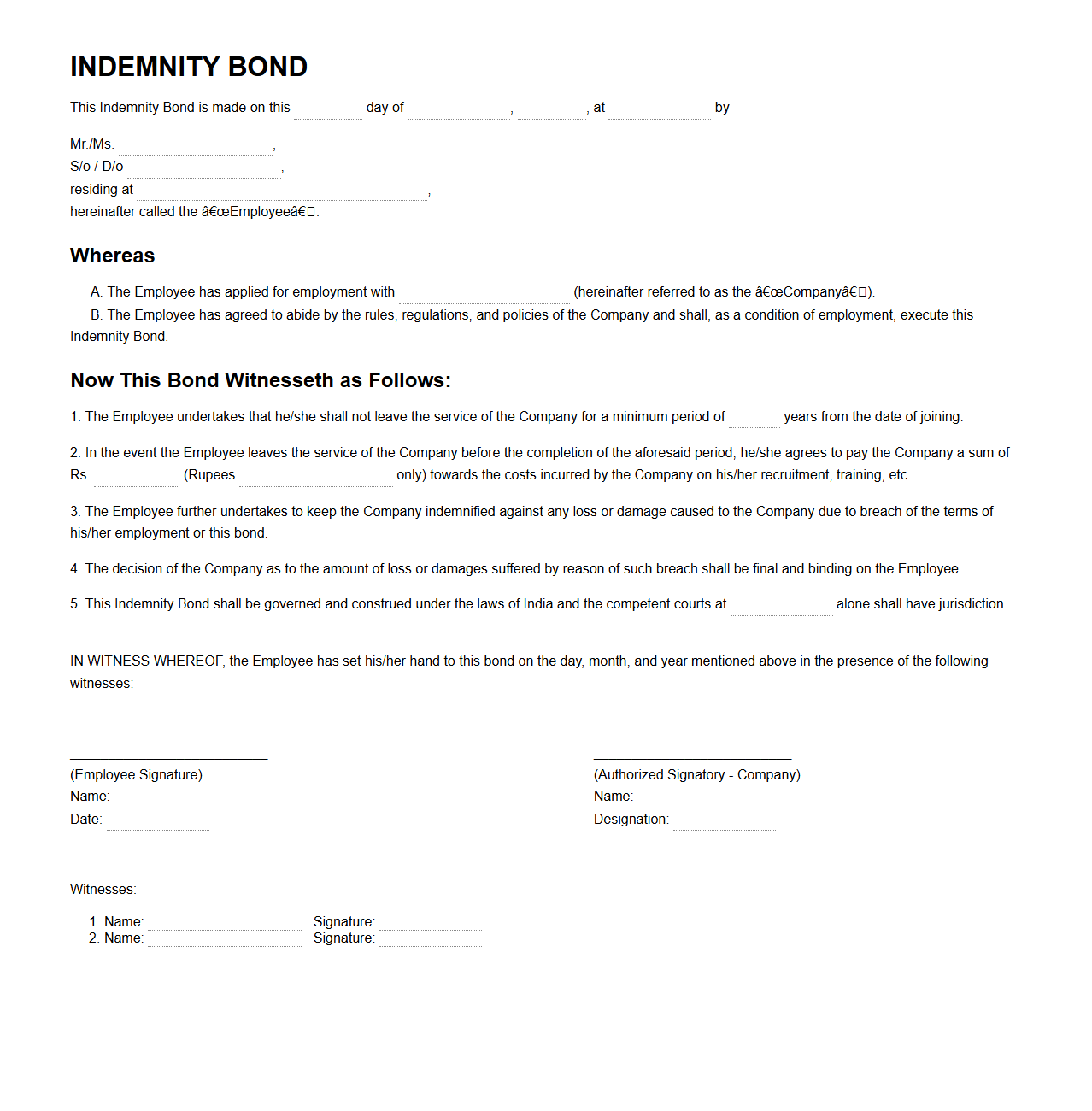 Indemnity Bond Text for Employment Contracts