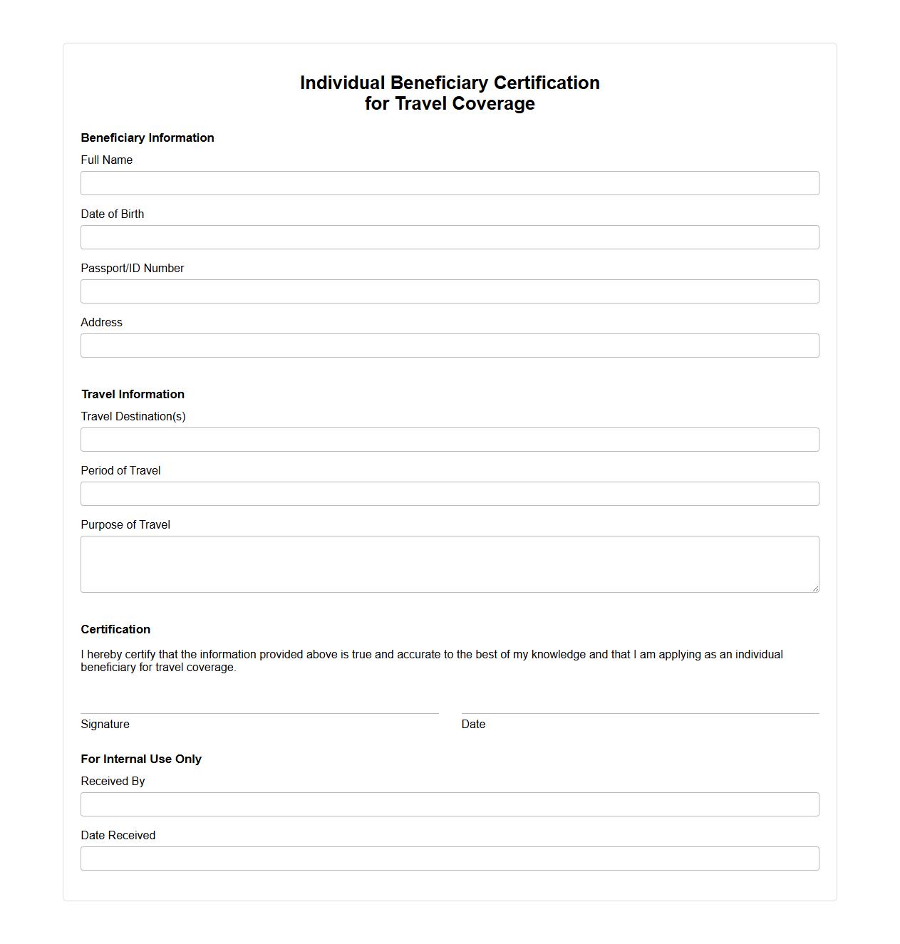 Individual Beneficiary Certification for Travel Coverage